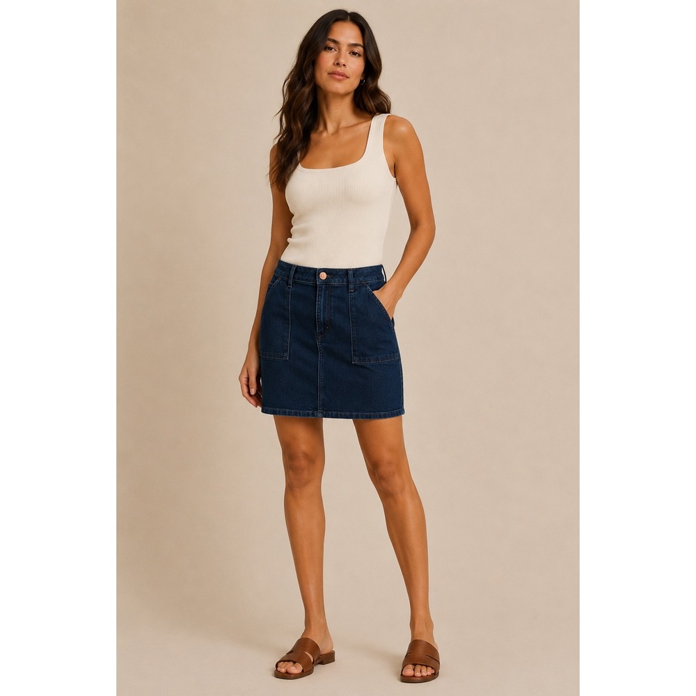LOFT Dark Wash Denim Mini Skirt Size 8 Indigo Blue Stretch A-Line Patch Pocket